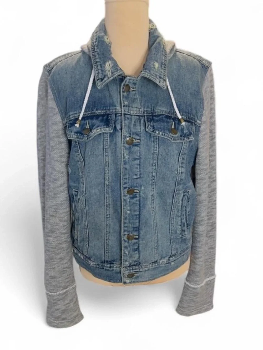 Free People Distressed Denim Jacket with Jersey Sleeves & Detachable Hood - Picture 1 of 8
